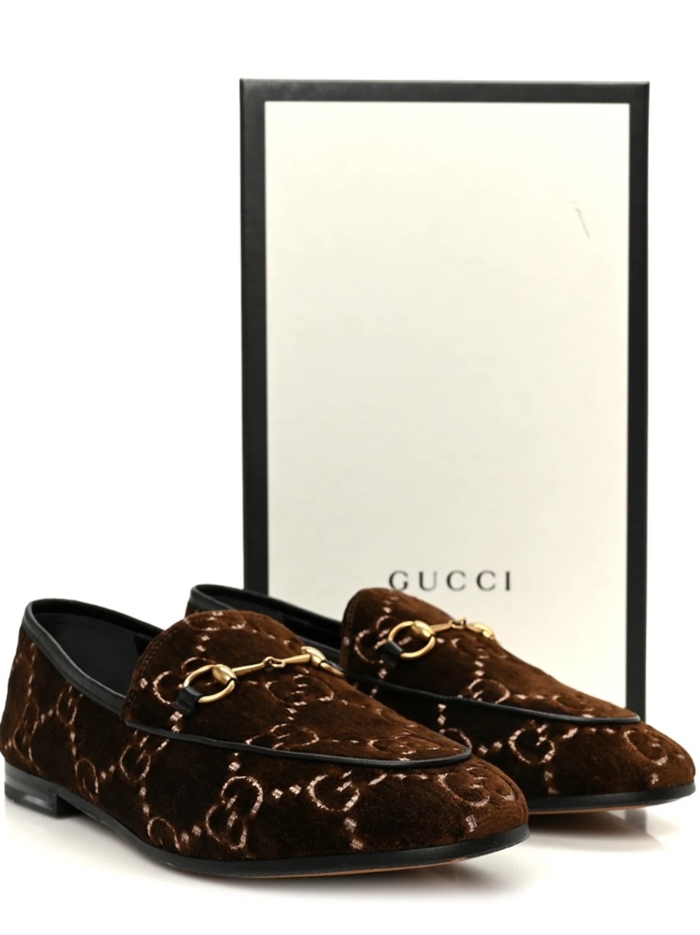 Gucci Jordaan brown velvet with a signature gold-toned horsebit loafers